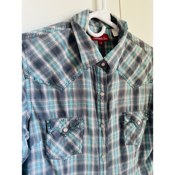 Y2K Panhandle Western Shirt Womens Size Small Pearl Snap/Rhinestone Plaid - Picture 5 of 7
